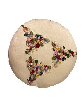 Round Embroidered With Ribbon Floral Cushion Throw Pillow